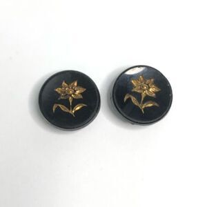 vintage black etched glass buttons with floral flower gold round